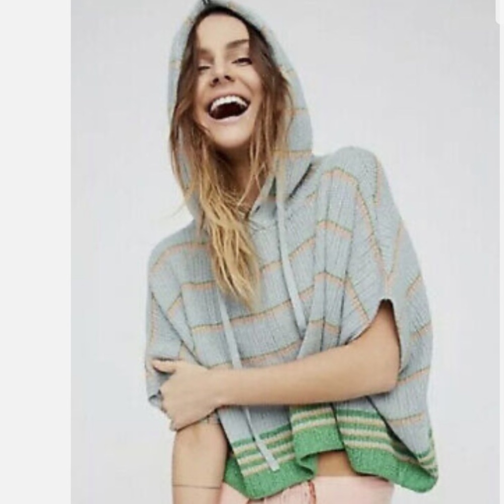 Free People Striped Metallic Blue Orange Green Short Sleeve Hooded Poncho